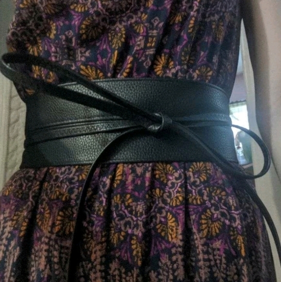 Women's Black textured Faux leather corset wide tie waist vegan wrap obi… - Picture 9 of 11